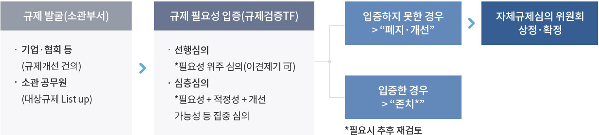 규제 발굴(소관부서)-기업·협회 등 (규제개선 건의),소관 공무원 (대상규제 List up) / 규제 필요성 입증(규제검증TF)-선행심의 *필요성 위주 심의(이견제기可),심층심의 *필요성 + 적정성 + 개선 가능성 등 집중 심의 / (입증하지 못한 경우 > '폐지·개선' / 자체규제심의 위원회 상정·확정) / 입증한 경우 > '존치*'' *필요시 추후 재검토